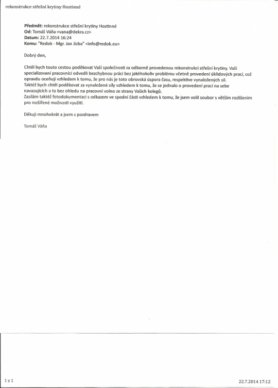 Autentický mail od zákazníka-Renovační nátěr eternitové střechy