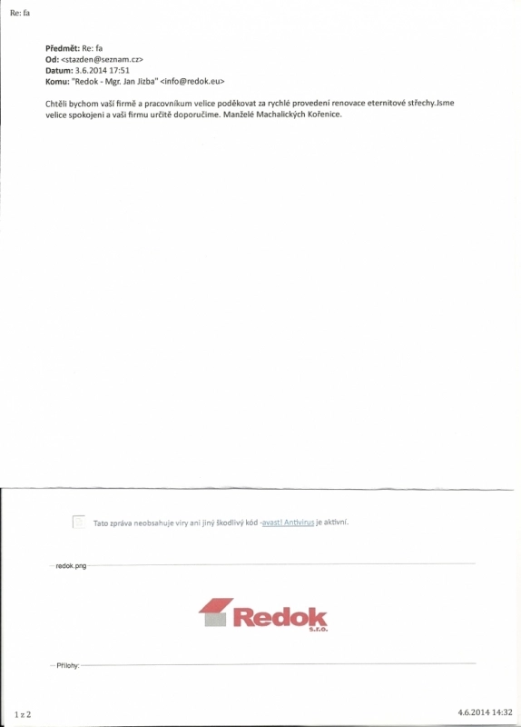Autentický mail od zákazníka-Renovační nátěr eternitové střechy
