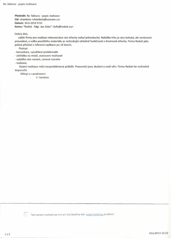 Autentický mail od zákazníka-Renovační nátěr vlnité eternitové střechy